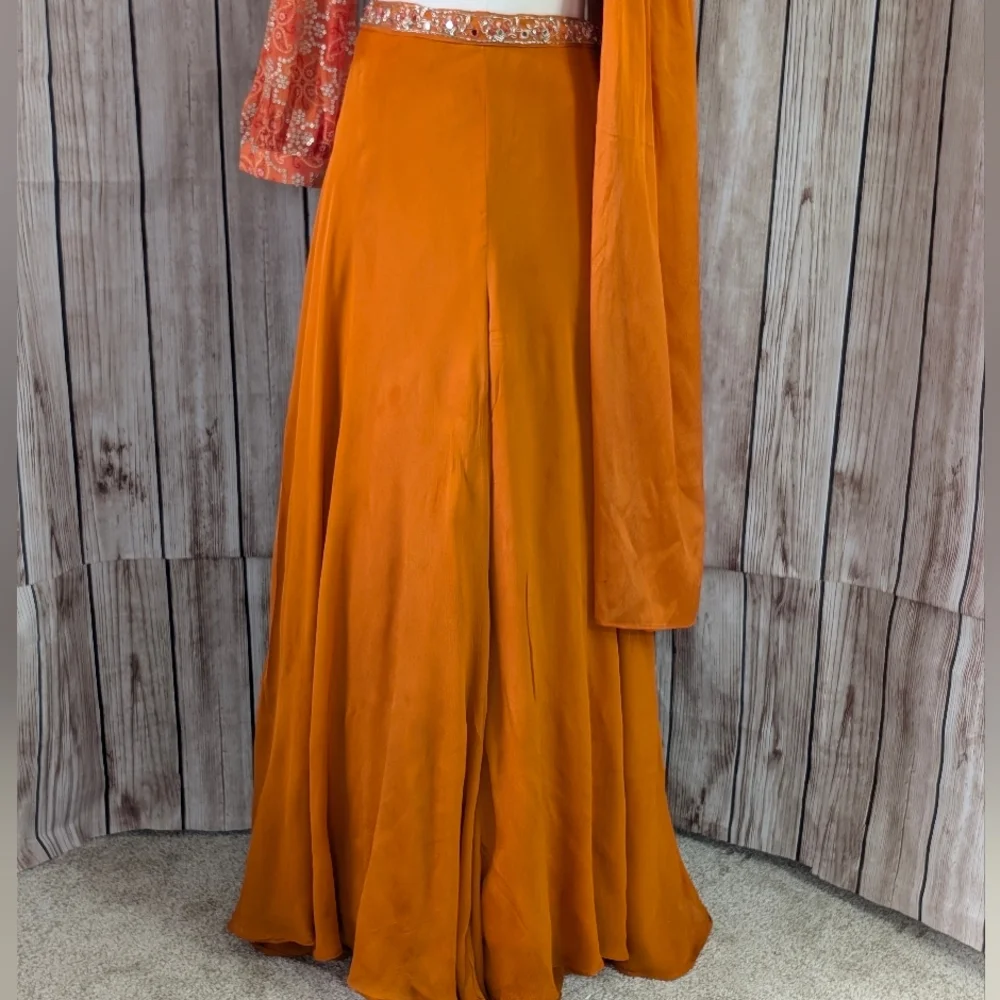 Orange Long Sleeves Crop Top, Palazzo and dupatta Set for Wedding Events - Picture 6 of 16